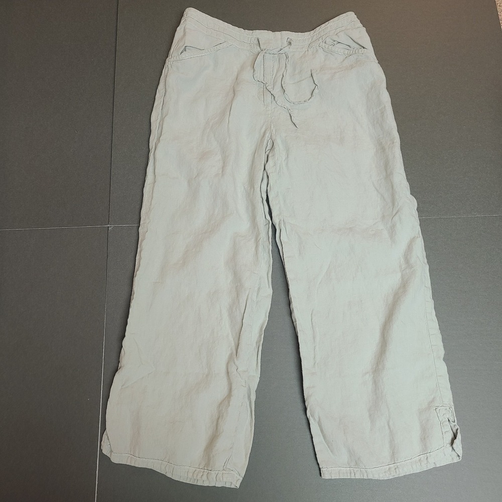J Jill Women's 8 Beige 100% Linen Crop Wide Leg Drawstring Button Zip Pants
